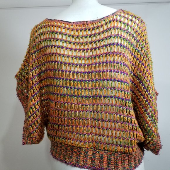 Lipstick Cropped Open Knit Sweater 80s Large Short Sleeve Dance Yellow Blue Purp - Picture 5 of 9